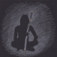 black paper: a shadowy outline of a Xiaoge sitting with his sword